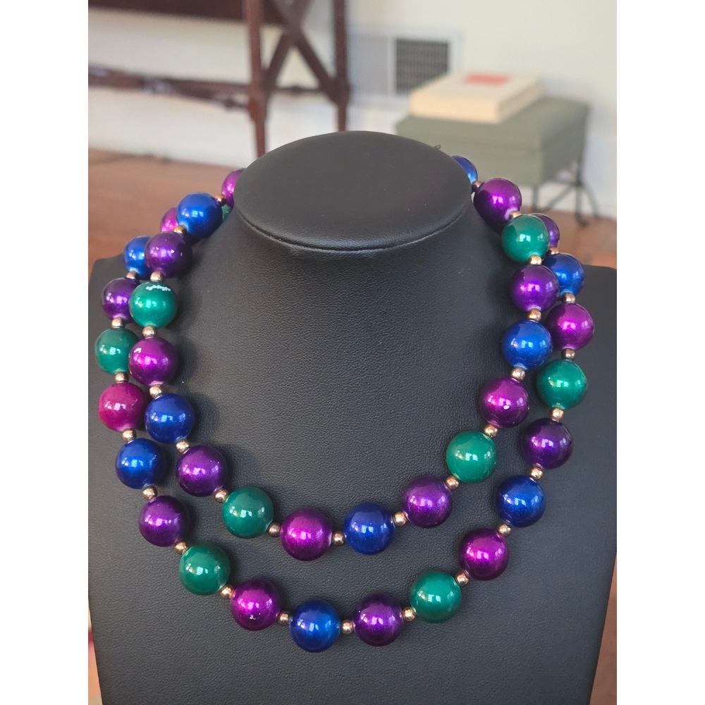Dotty Smith Bead Purple Blue Statement Necklace Vintage